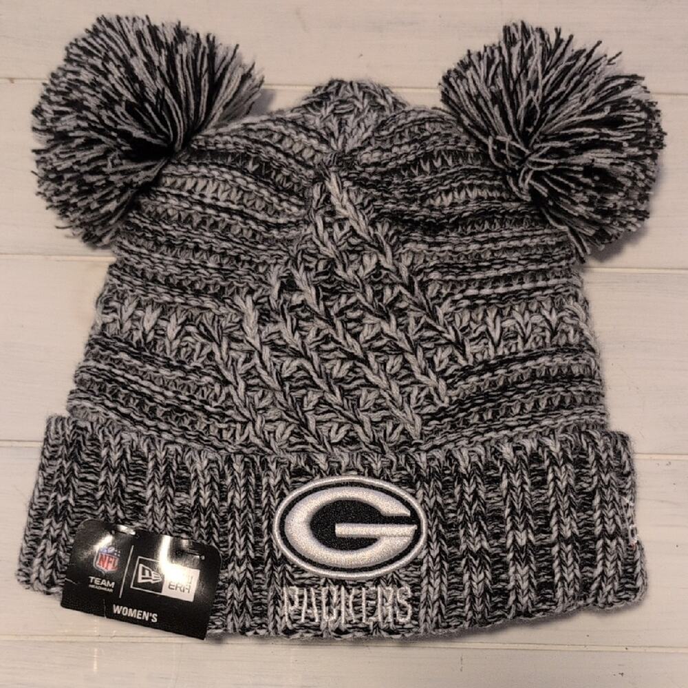 NFL Black and White Pom-Pom Ears Beanie Crocheted Embroidered One Size